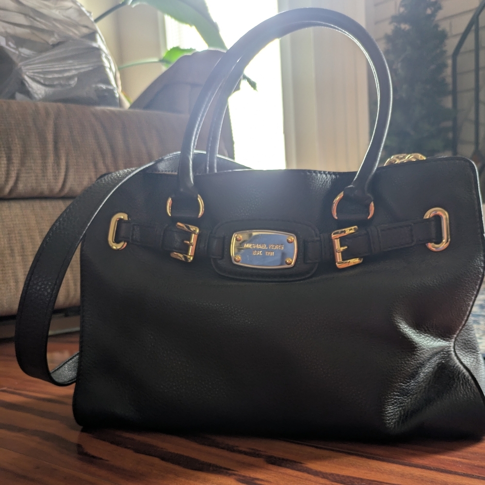 Michael Kors Black Pebbled Leather Satchel with Gold Hardware